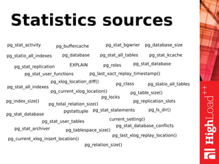 Statistics sources
pg_stat_all_tables
pg_current_xlog_location()
pg_replication_slots
pg_stat_replication
pg_stat_archiver
pg_stat_database_conflicts
pg_buffercache
pg_stat_database
pg_stat_user_tables
pg_stat_database
pg_stat_bgwrier
pgstattuple
pg_table_size()
pg_database_size
pg_index_size()
pg_stat_activity
EXPLAIN
pg_locks
pg_stat_user_functions
pg_stat_all_indexes
pg_statio_all_indexes
pg_statio_all_tables
pg_xlog_location_diff()
pg_stat_kcache
pg_stat_statements
pg_roles
pg_database
pg_class
pg_relation_size()
pg_total_relation_size()
current_setting()
pg_current_xlog_insert_location()
pg_last_xact_replay_timestamp()
pg_last_xlog_replay_location()
pg_tablespace_size()
pg_ls_dir()
 