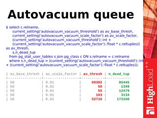 Autovacuum queue
$ select c.relname,
current_setting('autovacuum_vacuum_threshold') as av_base_thresh,
current_setting('autovacuum_vacuum_scale_factor') as av_scale_factor,
(current_setting('autovacuum_vacuum_threshold')::int +
(current_setting('autovacuum_vacuum_scale_factor')::float * c.reltuples))
as av_thresh,
s.n_dead_tup
from pg_stat_user_tables s join pg_class c ON s.relname = c.relname
where s.n_dead_tup > (current_setting('autovacuum_vacuum_threshold')::int
+ (current_setting('autovacuum_vacuum_scale_factor')::float * c.reltuples));
| av_base_thresh | av_scale_factor | av_thresh | n_dead_tup
+----------------+-----------------+-----------+------------
| 50 | 0.01 | 60302 | 85445
| 50 | 0.01 | 50 | 1349
| 50 | 0.01 | 55 | 12479
| 50 | 0.01 | 103 | 3134
| 50 | 0.01 | 52716 | 173100
 