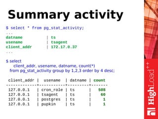 Summary activity
$ select * from pg_stat_activity;
...
datname | ts
usename | tsagent
client_addr | 172.17.0.37
...
$ select
client_addr, usename, datname, count(*)
from pg_stat_activity group by 1,2,3 order by 4 desc;
client_addr | usename | datname | count
-------------+-----------+---------+-------
127.0.0.1 | cron_role | ts | 508
127.0.0.1 | tsagent | ts | 60
127.0.0.1 | postgres | ts | 1
127.0.0.1 | pupkin | ts | 1
 