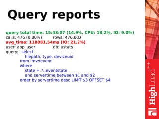 Query reports
query total time: 15:43:07 (14.9%, CPU: 18.2%, IO: 9.0%)
сalls: 476 (0.00%) rows: 476,000
avg_time: 118881.54ms (IO: 21.2%)
user: app_user db: ustats
query: select
filepath, type, deviceuid
from imv5event
where
state = ?::eventstate
and servertime between $1 and $2
order by servertime desc LIMIT $3 OFFSET $4
 