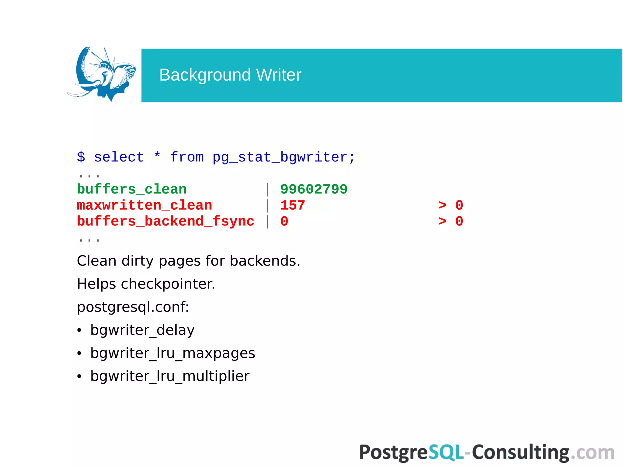 $ select * from pg_stat_bgwriter;
...
buffers_clean | 99602799
maxwritten_clean | 157 > 0
buffers_backend_fsync | 0 > 0
...
Clean dirty pages for backends.
Helps checkpointer.
postgresql.conf:
● bgwriter_delay
● bgwriter_lru_maxpages
● bgwriter_lru_multiplier
Background Writer
 