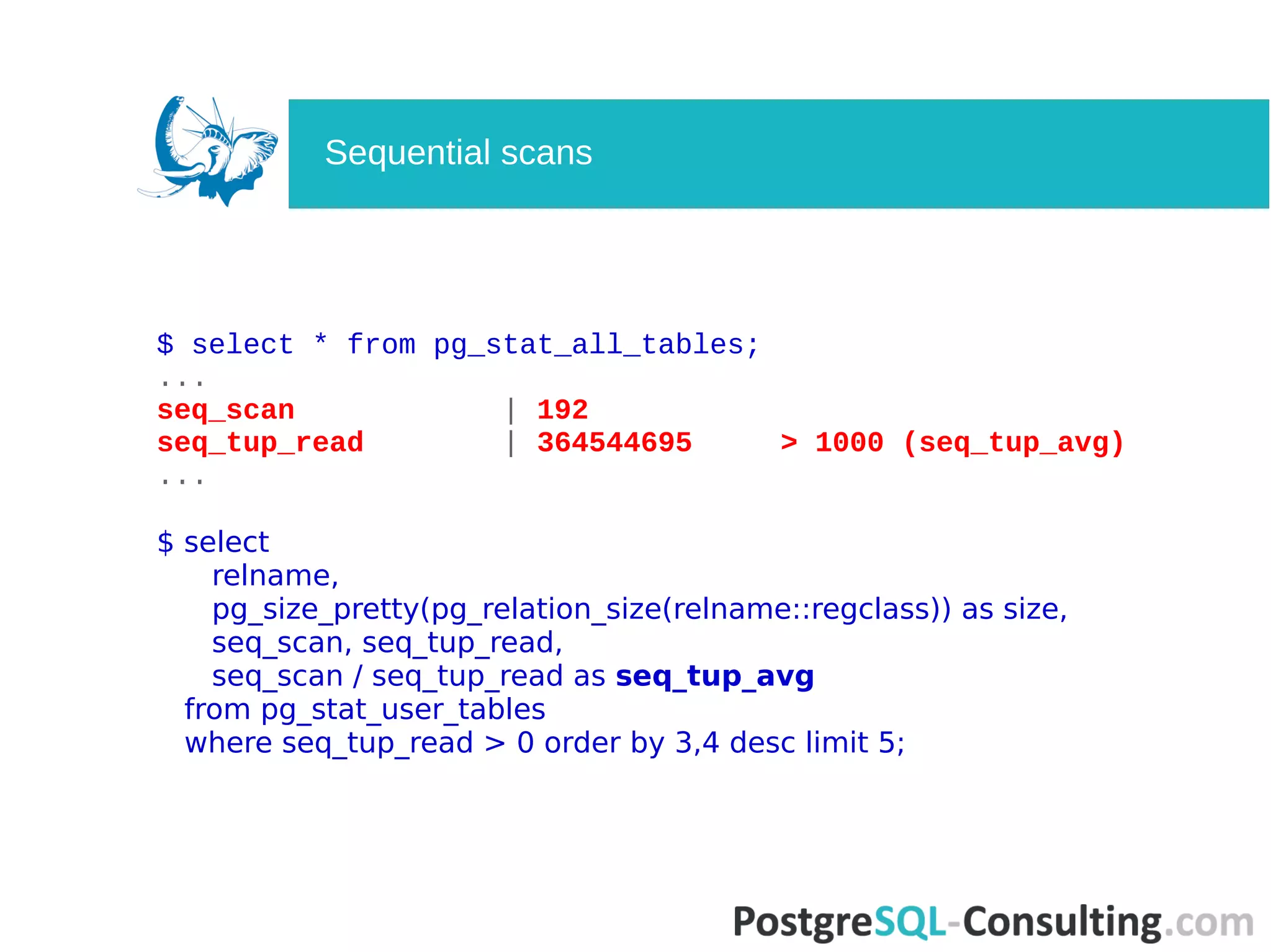 $ select * from pg_stat_all_tables;
...
seq_scan | 192
seq_tup_read | 364544695 > 1000 (seq_tup_avg)
...
$ select
relname,
pg_size_pretty(pg_relation_size(relname::regclass)) as size,
seq_scan, seq_tup_read,
seq_scan / seq_tup_read as seq_tup_avg
from pg_stat_user_tables
where seq_tup_read > 0 order by 3,4 desc limit 5;
Sequential scans
 