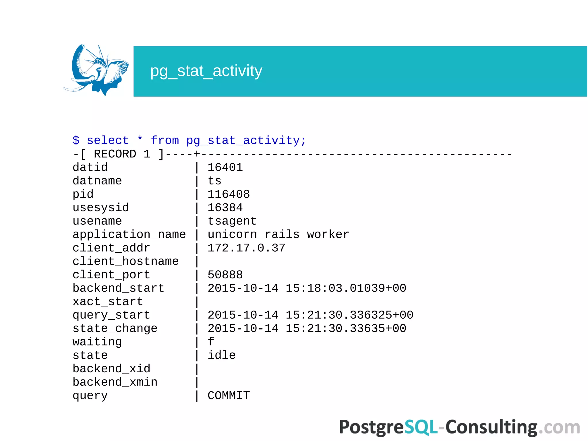 $ select * from pg_stat_activity;
-[ RECORD 1 ]----+--------------------------------------------
datid | 16401
datname | ts
pid | 116408
usesysid | 16384
usename | tsagent
application_name | unicorn_rails worker
client_addr | 172.17.0.37
client_hostname |
client_port | 50888
backend_start | 2015-10-14 15:18:03.01039+00
xact_start |
query_start | 2015-10-14 15:21:30.336325+00
state_change | 2015-10-14 15:21:30.33635+00
waiting | f
state | idle
backend_xid |
backend_xmin |
query | COMMIT
pg_stat_activity
 