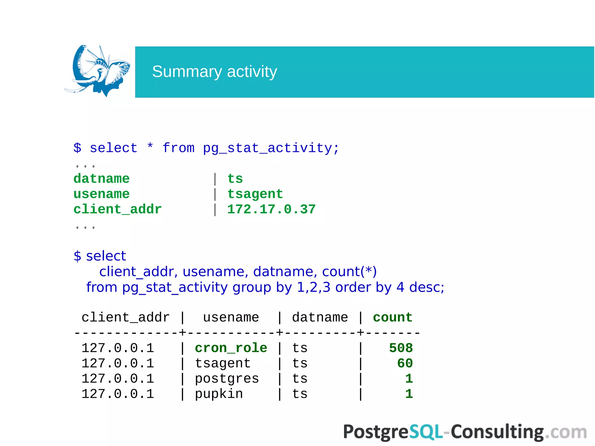 $ select * from pg_stat_activity;
...
datname | ts
usename | tsagent
client_addr | 172.17.0.37
...
$ select
client_addr, usename, datname, count(*)
from pg_stat_activity group by 1,2,3 order by 4 desc;
client_addr | usename | datname | count
-------------+-----------+---------+-------
127.0.0.1 | cron_role | ts | 508
127.0.0.1 | tsagent | ts | 60
127.0.0.1 | postgres | ts | 1
127.0.0.1 | pupkin | ts | 1
Summary activity
 