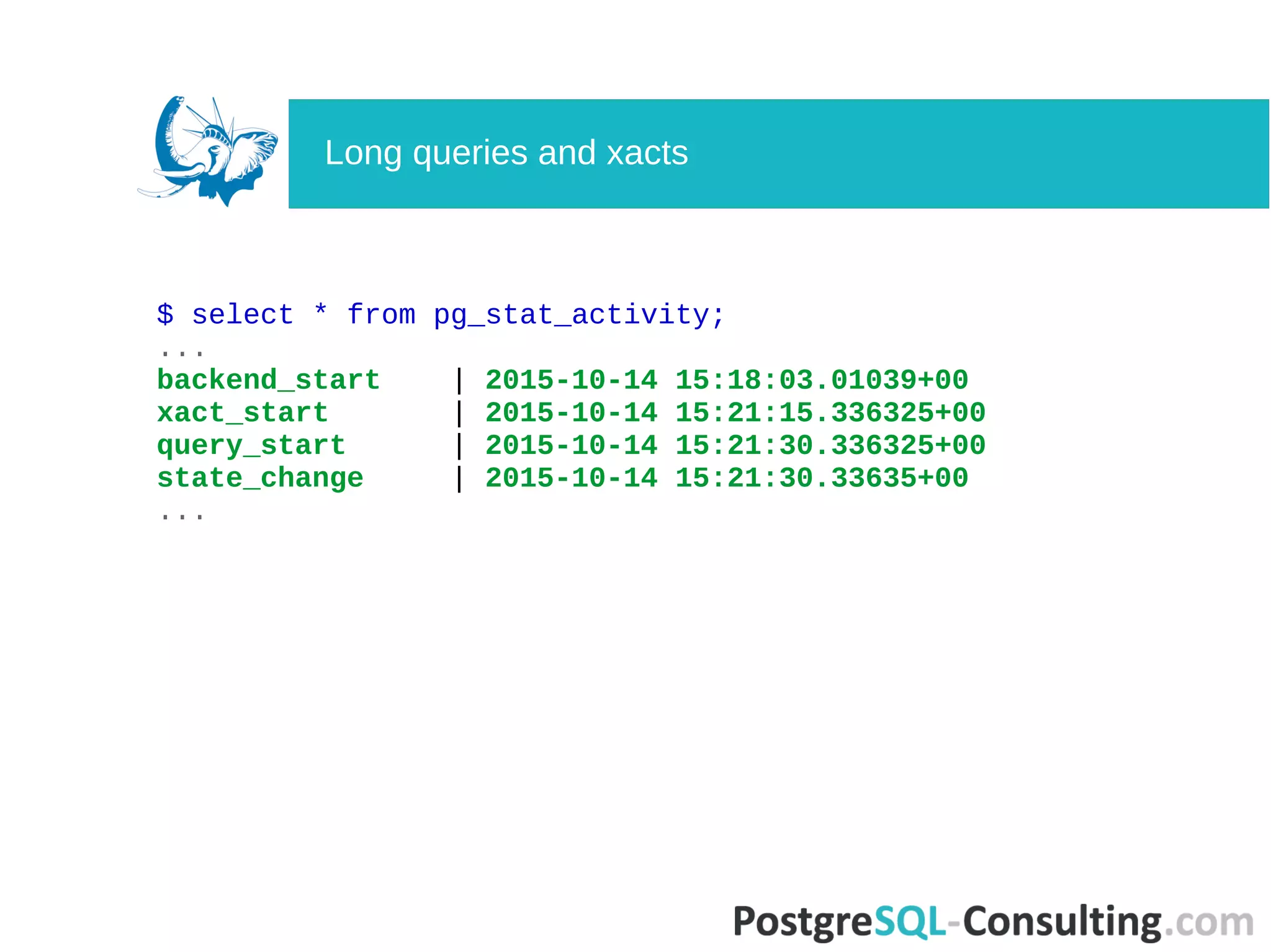 $ select * from pg_stat_activity;
...
backend_start | 2015-10-14 15:18:03.01039+00
xact_start | 2015-10-14 15:21:15.336325+00
query_start | 2015-10-14 15:21:30.336325+00
state_change | 2015-10-14 15:21:30.33635+00
...
Long queries and xacts
 