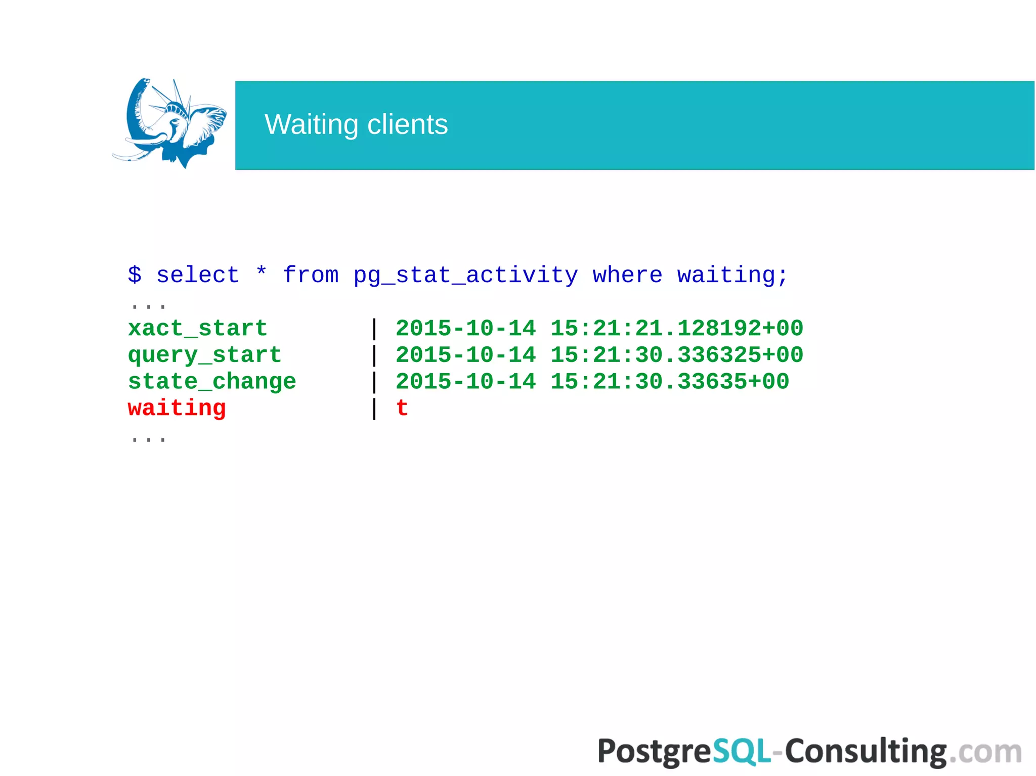 $ select * from pg_stat_activity where waiting;
...
xact_start | 2015-10-14 15:21:21.128192+00
query_start | 2015-10-14 15:21:30.336325+00
state_change | 2015-10-14 15:21:30.33635+00
waiting | t
...
Waiting clients
 
