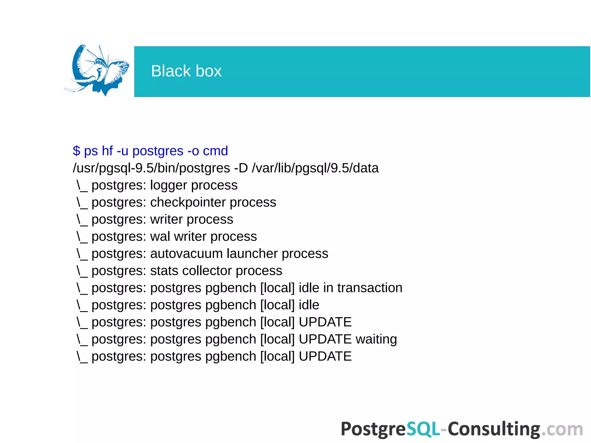 $ ps hf -u postgres -o cmd
/usr/pgsql-9.5/bin/postgres -D /var/lib/pgsql/9.5/data
_ postgres: logger process
_ postgres: checkpointer process
_ postgres: writer process
_ postgres: wal writer process
_ postgres: autovacuum launcher process
_ postgres: stats collector process
_ postgres: postgres pgbench [local] idle in transaction
_ postgres: postgres pgbench [local] idle
_ postgres: postgres pgbench [local] UPDATE
_ postgres: postgres pgbench [local] UPDATE waiting
_ postgres: postgres pgbench [local] UPDATE
Black box
 