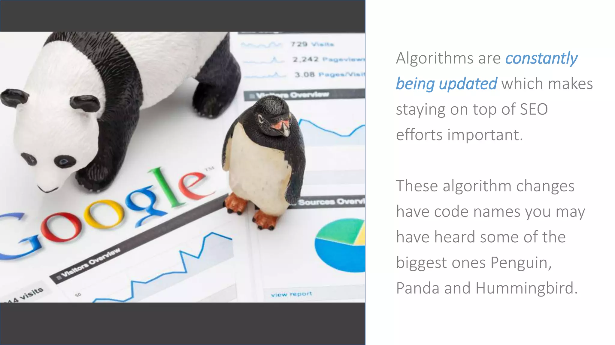 Algorithms are constantly
being updated which makes
staying on top of SEO
efforts important.
These algorithm changes
have code names you may
have heard some of the
biggest ones Penguin,
Panda and Hummingbird.
 