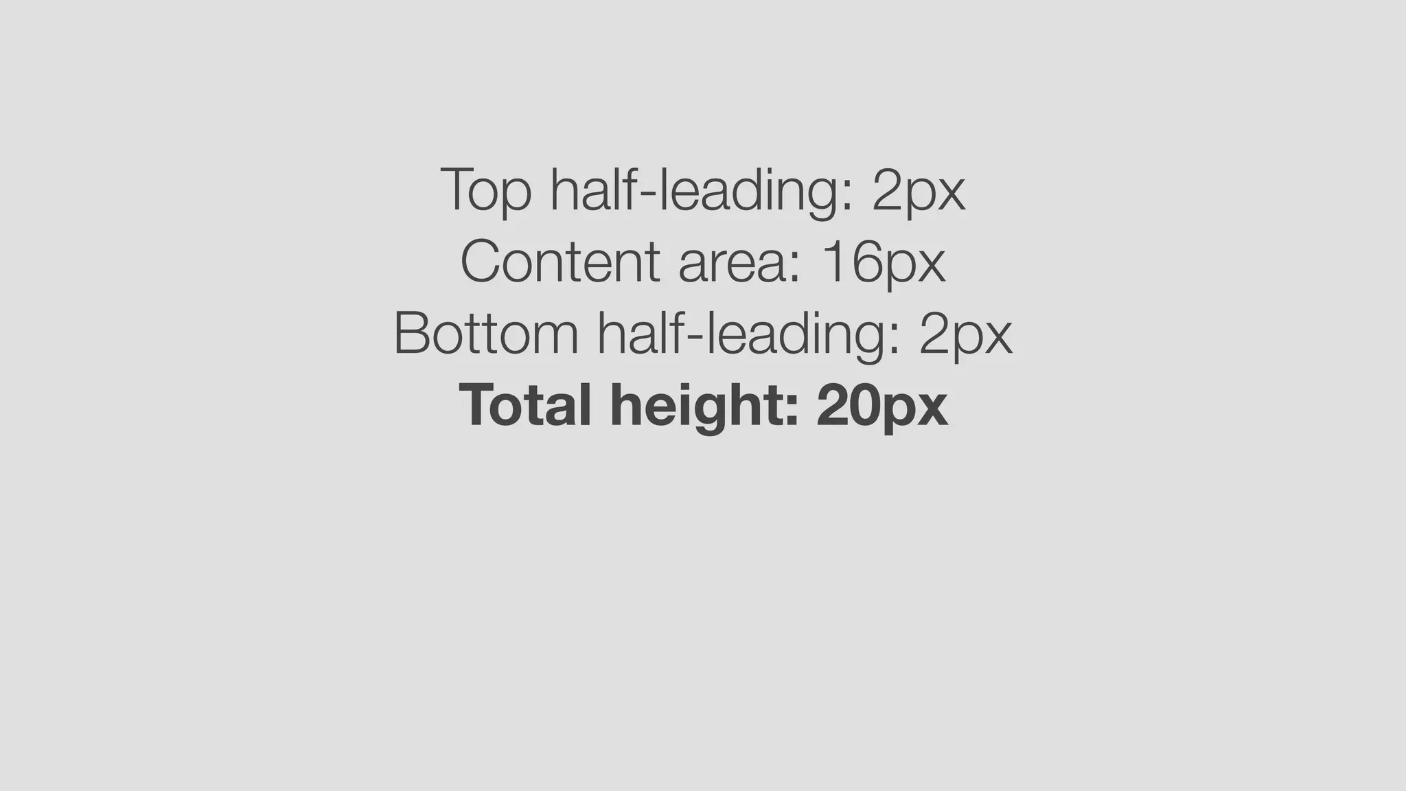 Top half-leading: 2px
Content area: 16px 
Bottom half-leading: 2px
Total height: 20px
 