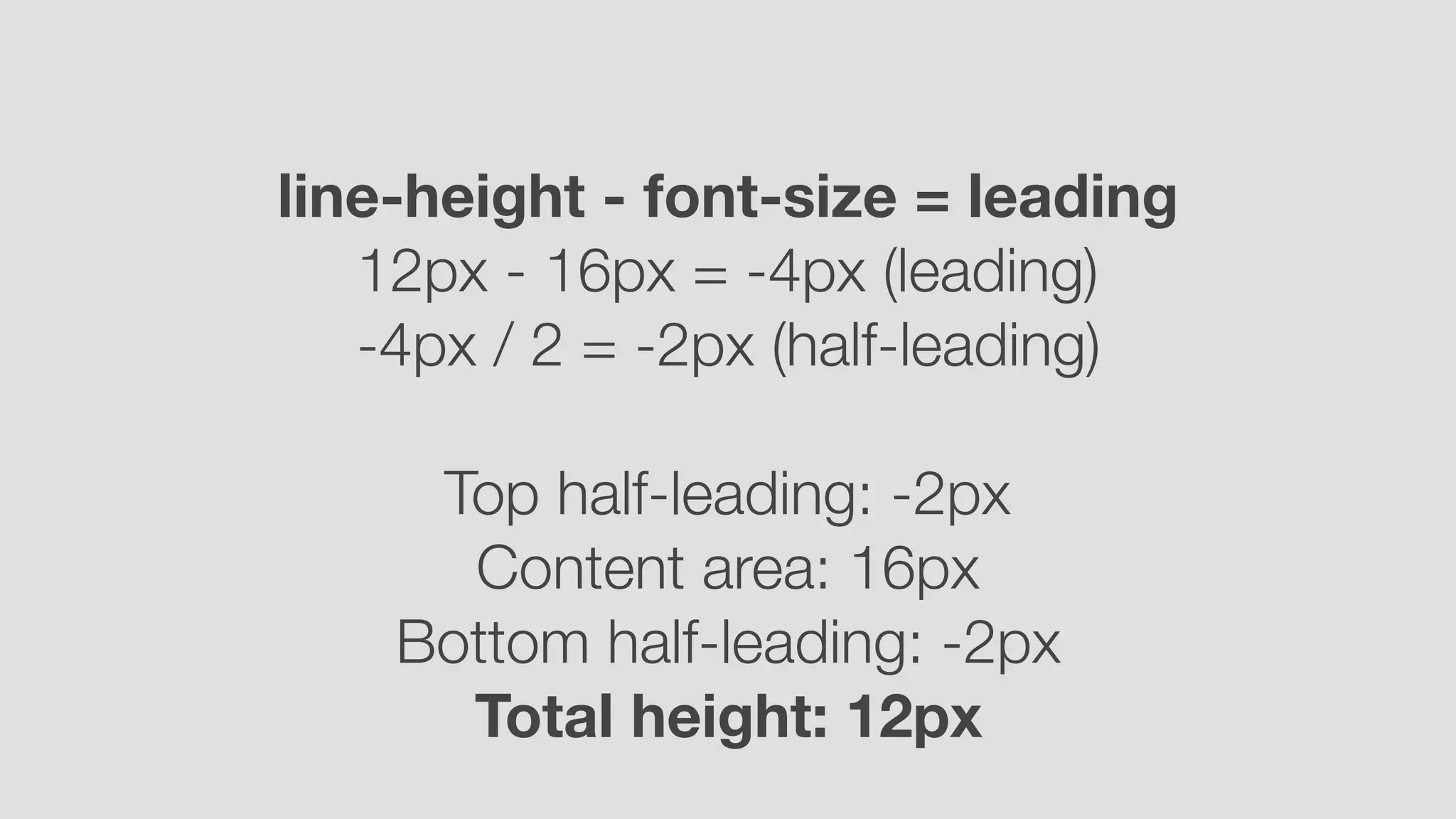 line-height - font-size = leading
12px - 16px = -4px (leading)
-4px / 2 = -2px (half-leading)
Top half-leading: -2px
Content area: 16px 
Bottom half-leading: -2px
Total height: 12px
 