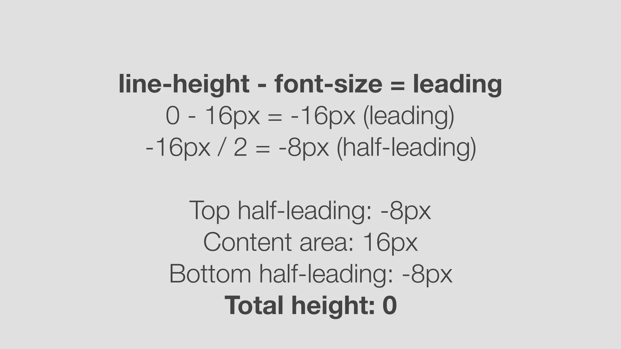 line-height - font-size = leading
0 - 16px = -16px (leading)
-16px / 2 = -8px (half-leading)
Top half-leading: -8px
Content area: 16px 
Bottom half-leading: -8px
Total height: 0
 