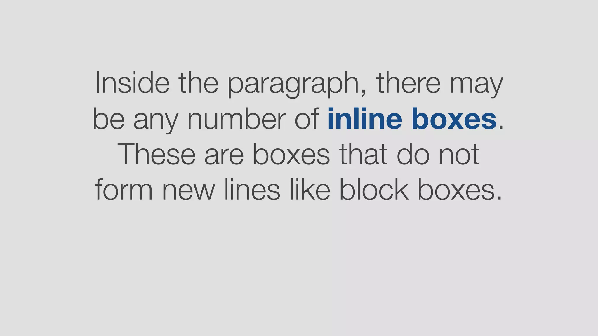 Inside the paragraph, there may
be any number of inline boxes.
These are boxes that do not
form new lines like block boxes.
 