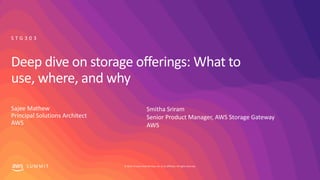 © 2019, Amazon Web Services, Inc. or its affiliates. All rights reserved.S U M M I T
Deep dive on storage offerings: What to
use, where, and why
Sajee Mathew
Principal Solutions Architect
AWS
S T G 3 0 3
Smitha Sriram
Senior Product Manager, AWS Storage Gateway
AWS
 