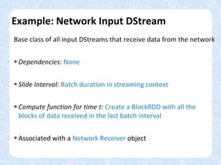 Example: Network Input DStream
Base class of all input DStreams that receive data from the network
 Dependencies: None
 ...