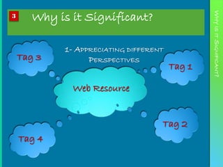 Why is it Significant?




                                                 WHY IS IT SIGNIFICANT?
3




             1- APPRECIATING DIFFERENT
    Tag 3          PERSPECTIVES
                                         Tag 1

              Web Resource


                                     Tag 2
    Tag 4
 