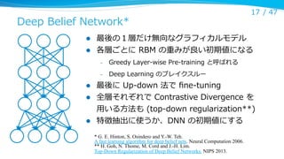 Deep  Belief  Network*
l 
l 

17 /  47

最後の１層だけ無向なグラフィカルモデル
各層ごとに  RBM  の重みが良良い初期値になる
– 

Greedy  Layer-‐‑‒wise  Pre-‐‑‒training  と呼ばれる

– 

Deep  Learning  のブレイクスルー

l 

最後に  Up-‐‑‒down  法で  ﬁne-‐‑‒tuning
全層それぞれで  Contrastive  Divergence  を

l 

⽤用いる⽅方法も  (top-‐‑‒down  regularization**)
特徴抽出に使うか、DNN  の初期値にする

l 

* G. E. Hinton, S. Osindero and Y.-W. Teh.
A fast learning algorithm for deep belief nets. Neural Computation 2006.
** H. Goh, N. Thome, M. Cord and J.-H. Lim.
Top-Down Regularization of Deep Belief Networks. NIPS 2013.	

 