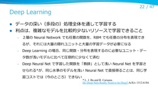 22 /  47

Deep  Learning
l 
l 

データの深い（多段の）処理理全体を通して学習する
利利点は、複雑なモデルを⽐比較的少ないリソースで学習できること
– 

２層の  Neural  Network  でも任意の関数を、RBM  でも任意の分布を表現でき
るが、それには⼤大量量の隠れユニットと⼤大量量の学習データが必要になる

– 

Deep  Learning  の場合、同じ関数・分布を表現するのに必要なユニット・デー
タ数が浅いモデルに⽐比べて圧倒的に少なくて済む

– 

Deep  Neural  Net  で学習した関数を「教師」として浅い  Neural  Net  を学習さ
せられる*が、同じ⽔水準のモデルを浅い  Neural  Net  で直接得ることは、同じ学
習コストでは（今のところ）できない

* L. J. Ba and R. Caruana.
Do Deep Nets Really Need to be Deep? ArXiv 1312.6184.

 