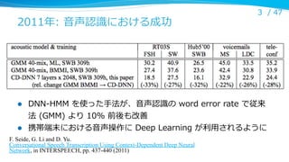 2011年年:  ⾳音声認識識における成功

l 

l 

3 /  47

DNN-‐‑‒HMM  を使った⼿手法が、⾳音声認識識の  word  error  rate  で従来
法  (GMM)  より  10%  前後も改善
携帯端末における⾳音声操作に  Deep  Learning  が利利⽤用されるように

F. Seide, G. Li and D. Yu.
Conversational Speech Transcription Using Context-Dependent Deep Neural
Network, in INTERSPEECH, pp. 437-440 (2011)	

 