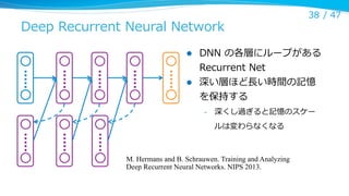 Deep  Recurrent  Neural  Network
l 

l 

38 /  47

DNN  の各層にループがある  
Recurrent  Net
深い層ほど⻑⾧長い時間の記憶
を保持する
– 

深くし過ぎると記憶のスケー
ルは変わらなくなる

M. Hermans and B. Schrauwen. Training and Analyzing
Deep Recurrent Neural Networks. NIPS 2013.

 