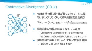 16 /  47

Contrastive  Divergence  (CD-‐‑‒k)
l 

W
v

Model  期待値は計算が難しいので、k  往復復
だけサンプリングして得た観測変数を使う

wij = hvi hj idata
...