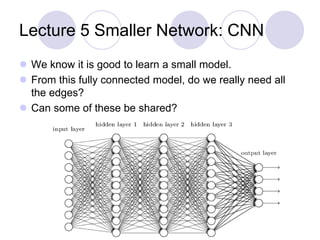 Lecture 5 Smaller Network: CNN
 We know it is good to learn a small model.
 From this fully connected model, do we really need all
the edges?
 Can some of these be shared?
 