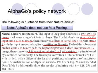 AlphaGo’s policy network
Note: AlphaGo does not use Max Pooling.
The following is quotation from their Nature article:
 
