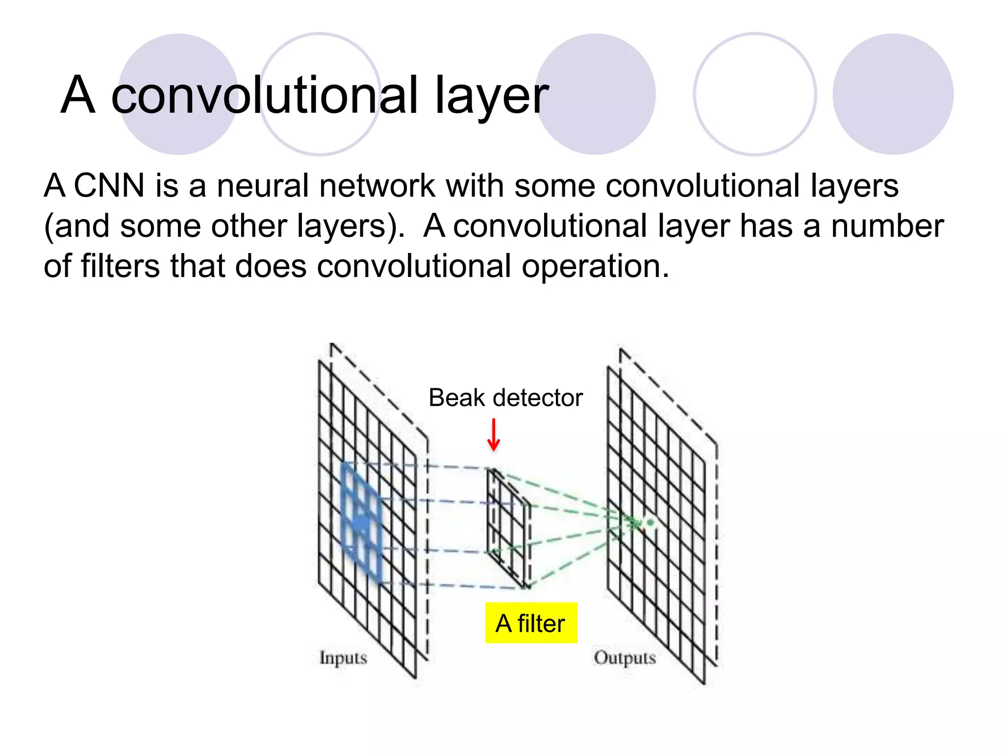 A convolutional layer
A filter
A CNN is a neural network with some convolutional layers
(and some other layers). A convolutional layer has a number
of filters that does convolutional operation.
Beak detector
 