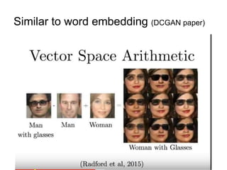 Similar to word embedding (DCGAN paper)
 