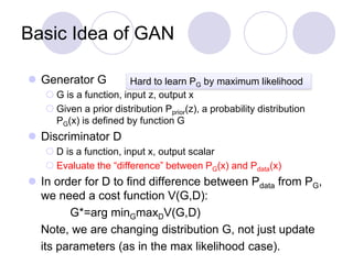 Basic Idea of GAN
 Generator G
 G is a function, input z, output x
 Given a prior distribution Pprior(z), a probability distribution
PG(x) is defined by function G
 Discriminator D
 D is a function, input x, output scalar
 Evaluate the “difference” between PG(x) and Pdata(x)
 In order for D to find difference between Pdata from PG,
we need a cost function V(G,D):
G*=arg minGmaxDV(G,D)
Note, we are changing distribution G, not just update
its parameters (as in the max likelihood case).
Hard to learn PG by maximum likelihood
 