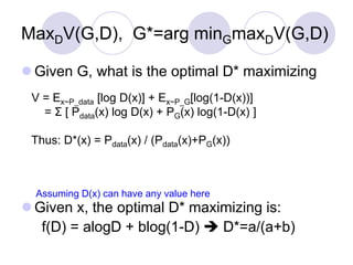  Given G, what is the optimal D* maximizing
 Given x, the optimal D* maximizing is:
f(D) = alogD + blog(1-D)  D*=a/(a+b)
Assuming D(x) can have any value here
MaxDV(G,D), G*=arg minGmaxDV(G,D)
V = Ex~P_data [log D(x)] + Ex~P_G[log(1-D(x))]
= Σ [ Pdata(x) log D(x) + PG(x) log(1-D(x) ]
Thus: D*(x) = Pdata(x) / (Pdata(x)+PG(x))
 