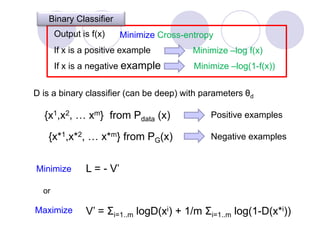 {x1,x2, … xm} from Pdata (x)
D is a binary classifier (can be deep) with parameters θd
Positive examples
Negative examples
Maximize
Minimize L = - V’
Minimize Cross-entropy
Binary Classifier
Output is f(x)
Minimize –log f(x)
If x is a positive example
If x is a negative example Minimize –log(1-f(x))
{x*1,x*2, … x*m} from PG(x)
V’ = Σi=1..m logD(xi) + 1/m Σi=1..m log(1-D(x*i))
or
 