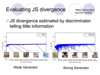 Evaluating JS divergence
JS divergence estimated by discriminator
telling little information
https://arxiv.org/a
bs/1701.07875
Weak Generator Strong Generator
 