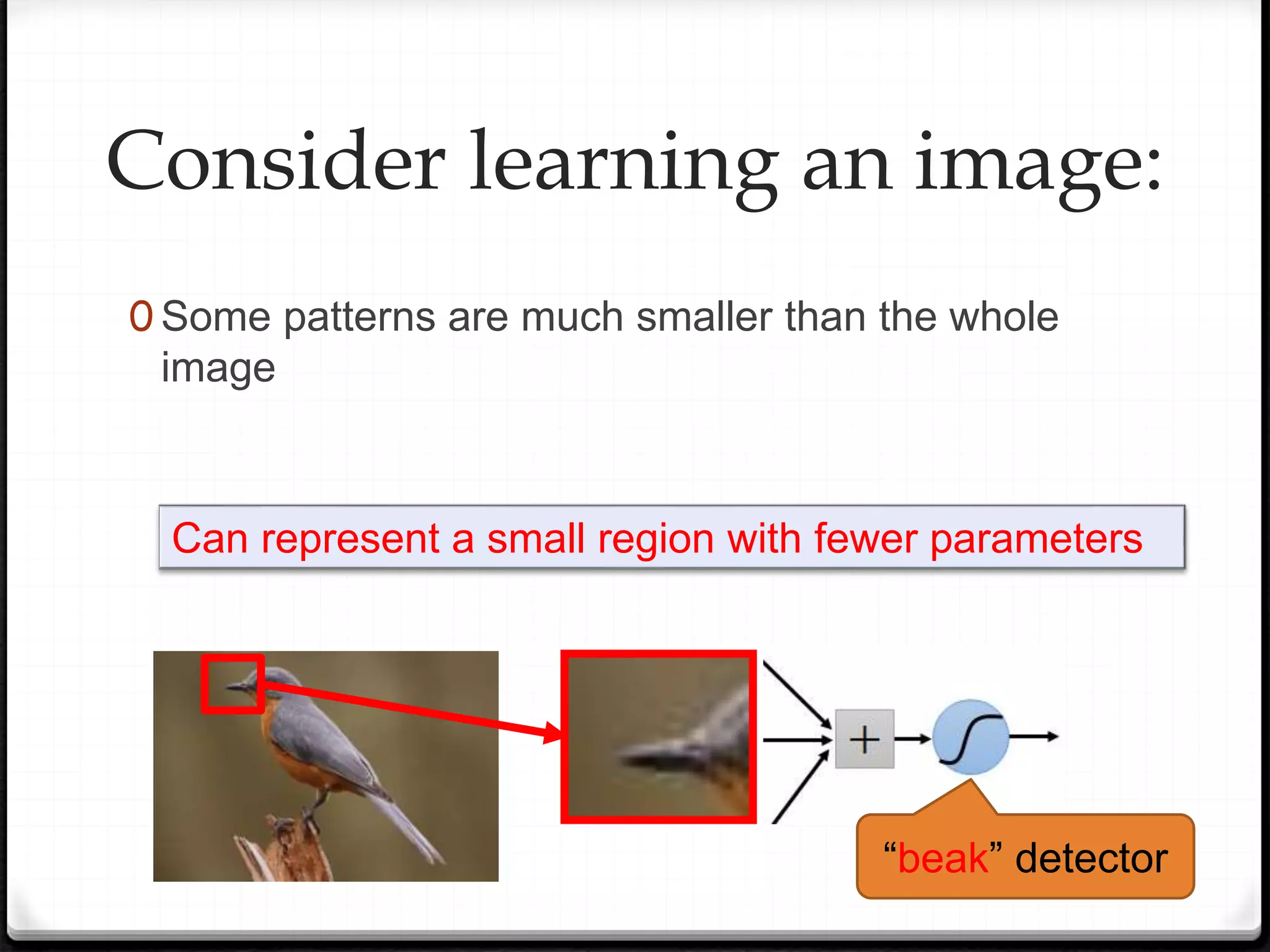Consider learning an image:
0 Some patterns are much smaller than the whole
image
“beak” detector
Can represent a small region with fewer parameters
 