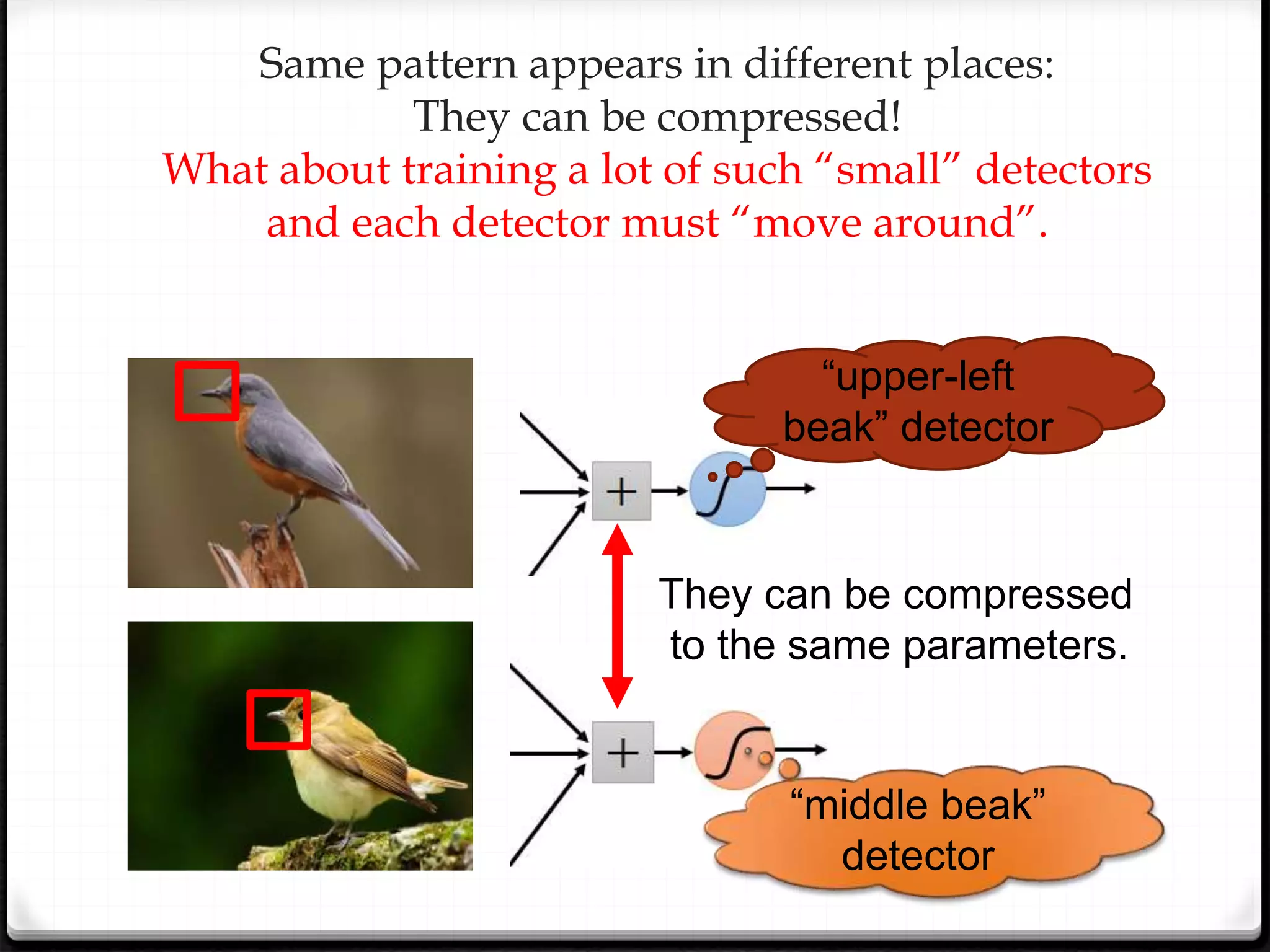 Same pattern appears in different places:
They can be compressed!
What about training a lot of such “small” detectors
and each detector must “move around”.
“upper-left
beak” detector
“middle beak”
detector
They can be compressed
to the same parameters.
 