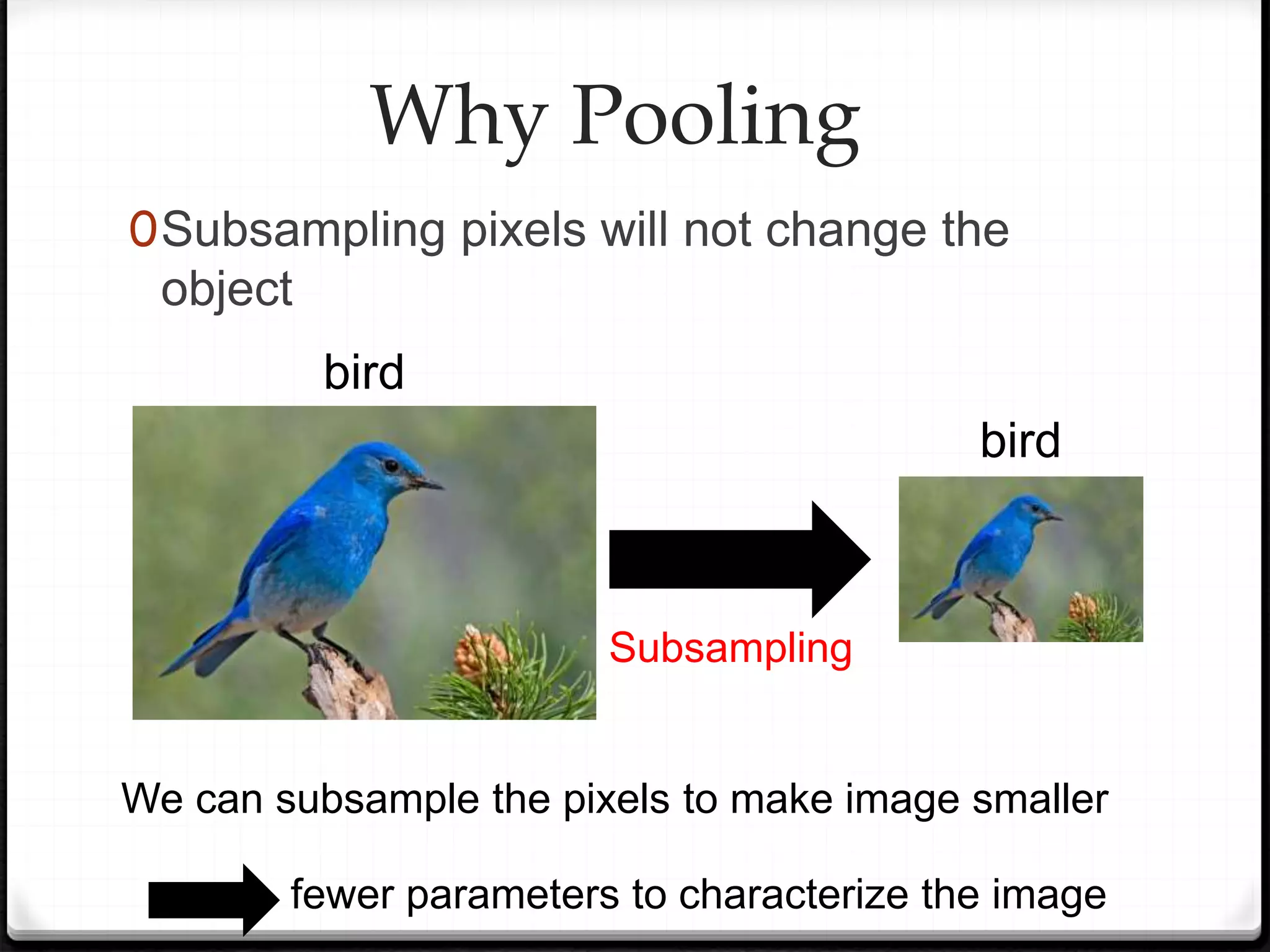 Why Pooling
0Subsampling pixels will not change the
object
Subsampling
bird
bird
We can subsample the pixels to make image smaller
fewer parameters to characterize the image
 