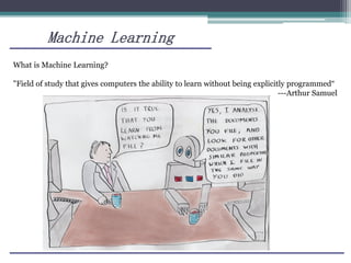 Machine Learning
What is Machine Learning?
"Field of study that gives computers the ability to learn without being explicitly programmed“
---Arthur Samuel
 