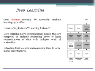 Deep Learning
Good features essential for successful machine
learning: 90% effort
Handcrafting features VS learning features?
Deep learning allows computational models that are
composed of multiple processing layers to learn
representations of data with multiple levels of
abstraction.
Extracting local features and combining them to form
higher order features.
 