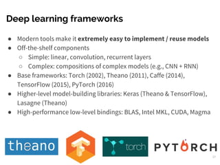 Deep learning frameworks
● Modern tools make it extremely easy to implement / reuse models
● Off-the-shelf components
○ Simple: linear, convolution, recurrent layers
○ Complex: compositions of complex models (e.g., CNN + RNN)
● Base frameworks: Torch (2002), Theano (2011), Caffe (2014),
TensorFlow (2015), PyTorch (2016)
● Higher-level model-building libraries: Keras (Theano & TensorFlow),
Lasagne (Theano)
● High-performance low-level bindings: BLAS, Intel MKL, CUDA, Magma
17
 