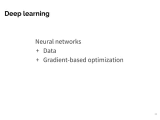 Deep learning
19
Neural networks
+ Data
+ Gradient-based optimization
 
