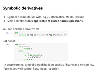 Symbolic derivatives
● Symbolic computation with, e.g., Mathematica, Maple, Maxima
● Main limitation: only applicable to closed-form expressions
You can find the derivative of:
But not of:
In deep learning, symbolic graph builders such as Theano and TensorFlow
face issues with control flow, loops, recursion
 