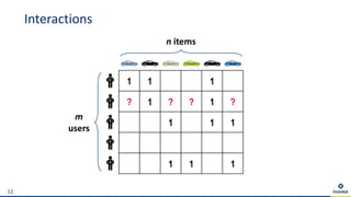 Interactions
12
m
users
1 1 1
? 1 ? ? 1 ?
1 1 1
1 1 1
n items
 