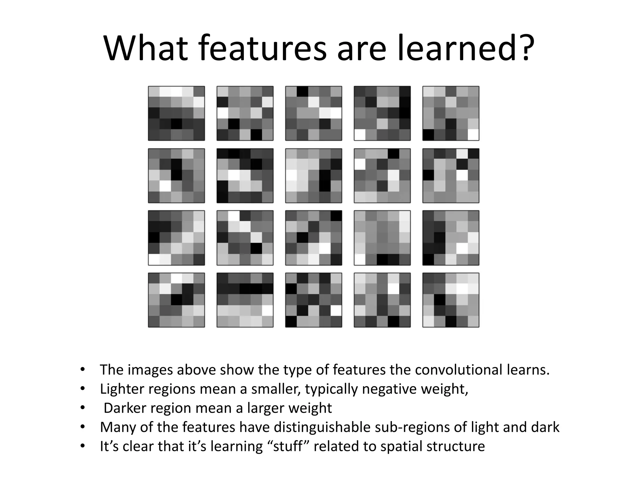 What features are learned?
• The images above show the type of features the convolutional learns.
• Lighter regions mean a smaller, typically negative weight,
• Darker region mean a larger weight
• Many of the features have distinguishable sub-regions of light and dark
• It’s clear that it’s learning “stuff” related to spatial structure
 