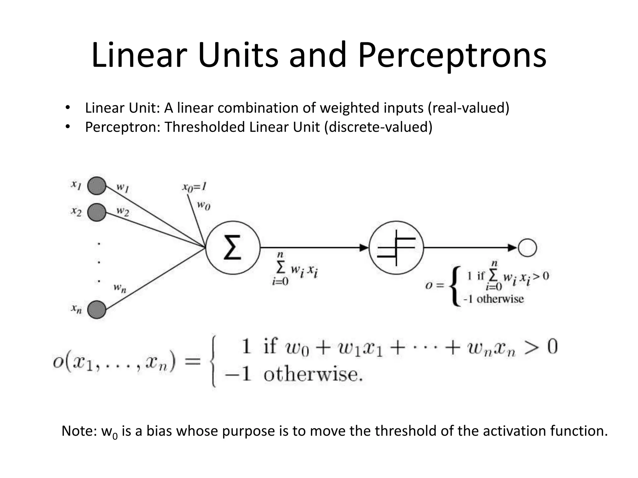 Linear Units and Perceptrons
• Linear Unit: A linear combination of weighted inputs (real-valued)
• Perceptron: Thresholded Linear Unit (discrete-valued)
Note: w0 is a bias whose purpose is to move the threshold of the activation function.
 