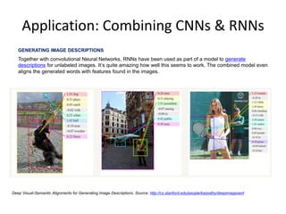 Application: Combining CNNs & RNNs
GENERATING IMAGE DESCRIPTIONS
Together with convolutional Neural Networks, RNNs have been used as part of a model to generate
descriptions for unlabeled images. It’s quite amazing how well this seems to work. The combined model even
aligns the generated words with features found in the images.
Deep Visual-Semantic Alignments for Generating Image Descriptions. Source: http://cs.stanford.edu/people/karpathy/deepimagesent
 