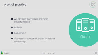 Deep Learning Lightning Talk 14
A bit of practice
Cluster
We can train much larger and more
powerful models
⊞
Scalable⊞
Poor resource utlization, even if we restrict
connectivity
⊟
Complicated⊟
 