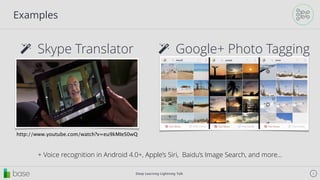 Deep Learning Lightning Talk 6
Examples
! Skype Translator ! Google+ Photo Tagging
http://www.youtube.com/watch?v=eu9kMIeS0wQ
+ Voice recognition in Android 4.0+, Apple’s Siri, Baidu’s Image Search, and more…
 
