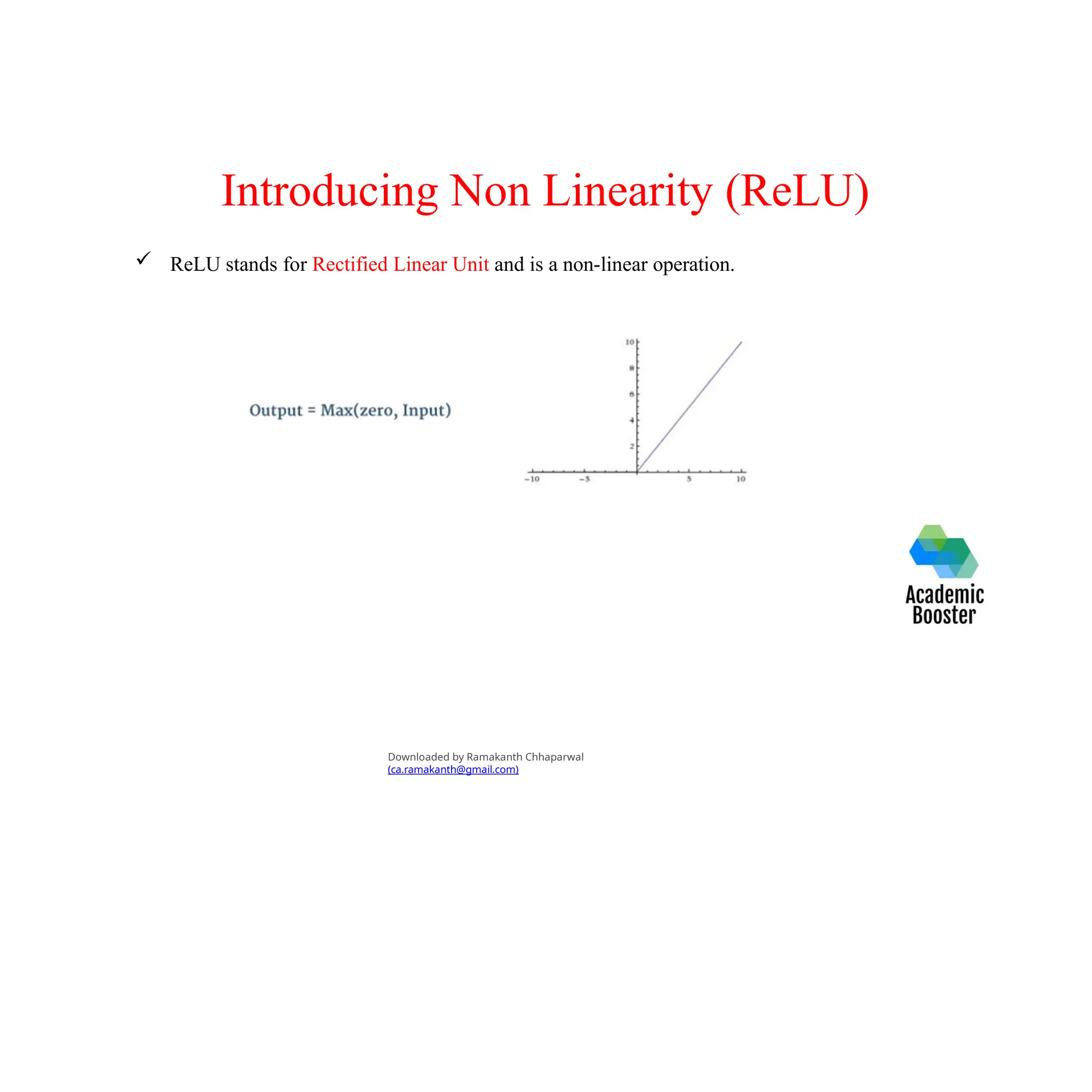 Introducing Non Linearity (ReLU)
 ReLU stands for Rectified Linear Unit and is a non-linear operation.
Downloaded by Ramakanth Chhaparwal
(ca.ramakanth@gmail.com)
 