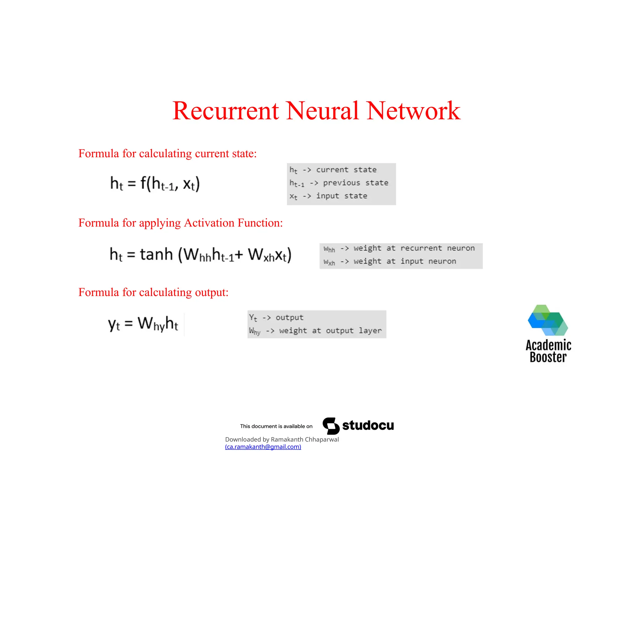 Recurrent Neural Network
Formula for calculating current state:
Formula for applying Activation Function:
Formula for calculating output:
Downloaded by Ramakanth Chhaparwal
(ca.ramakanth@gmail.com)
 
