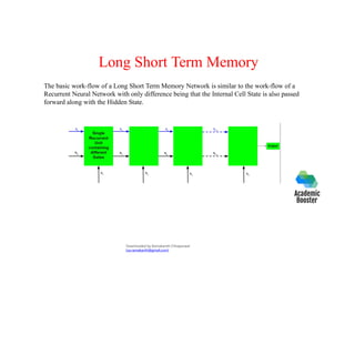 Long Short Term Memory
The basic work-flow of a Long Short Term Memory Network is similar to the work-flow of a
Recurrent Neural Network with only difference being that the Internal Cell State is also passed
forward along with the Hidden State.
Downloaded by Ramakanth Chhaparwal
(ca.ramakanth@gmail.com)
 