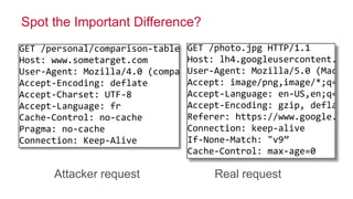 © 2016 MapR Technologies 57
Spot the Important Difference?
GET /personal/comparison-table.jsp?iODg2OQ=51a90 HTTP/1.1
Host: www.sometarget.com
User-Agent: Mozilla/4.0 (compatible; MSIE 6.0; Windows NT 5.1;)
Accept-Encoding: deflate
Accept-Charset: UTF-8
Accept-Language: fr
Cache-Control: no-cache
Pragma: no-cache
Connection: Keep-Alive
GET /photo.jpg HTTP/1.1
Host: lh4.googleusercontent.com
User-Agent: Mozilla/5.0 (Macint
Accept: image/png,image/*;q=0.8
Accept-Language: en-US,en;q=0.5
Accept-Encoding: gzip, deflate,
Referer: https://www.google.com
Connection: keep-alive
If-None-Match: "v9”
Cache-Control: max-age=0
Attacker request Real request
 